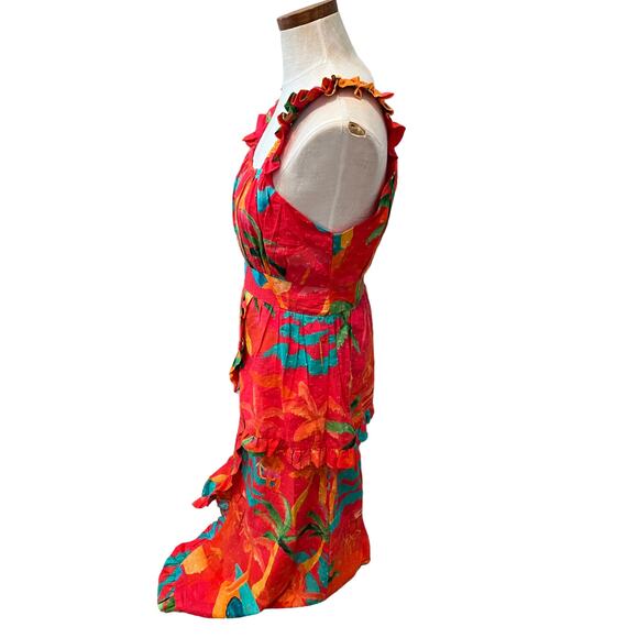 Farm Rio Ipanema Midi Ruffle Dress Red Tropical Print S - Picture 5 of 12